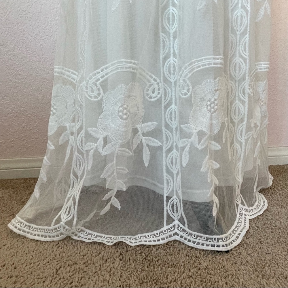 White Boho Lace Off Shoulder Maxi Dress Embroidered Romantic Coastal Medium - Picture 3 of 16